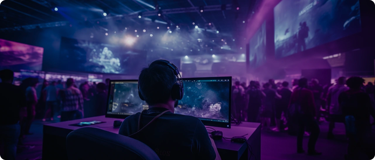Um jogador com fones de ouvido joga em um computador em uma grande convenção de jogos com iluminação neon.