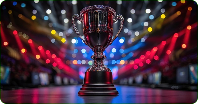 Troféu de prata no pódio, luzes brilhantes do torneio